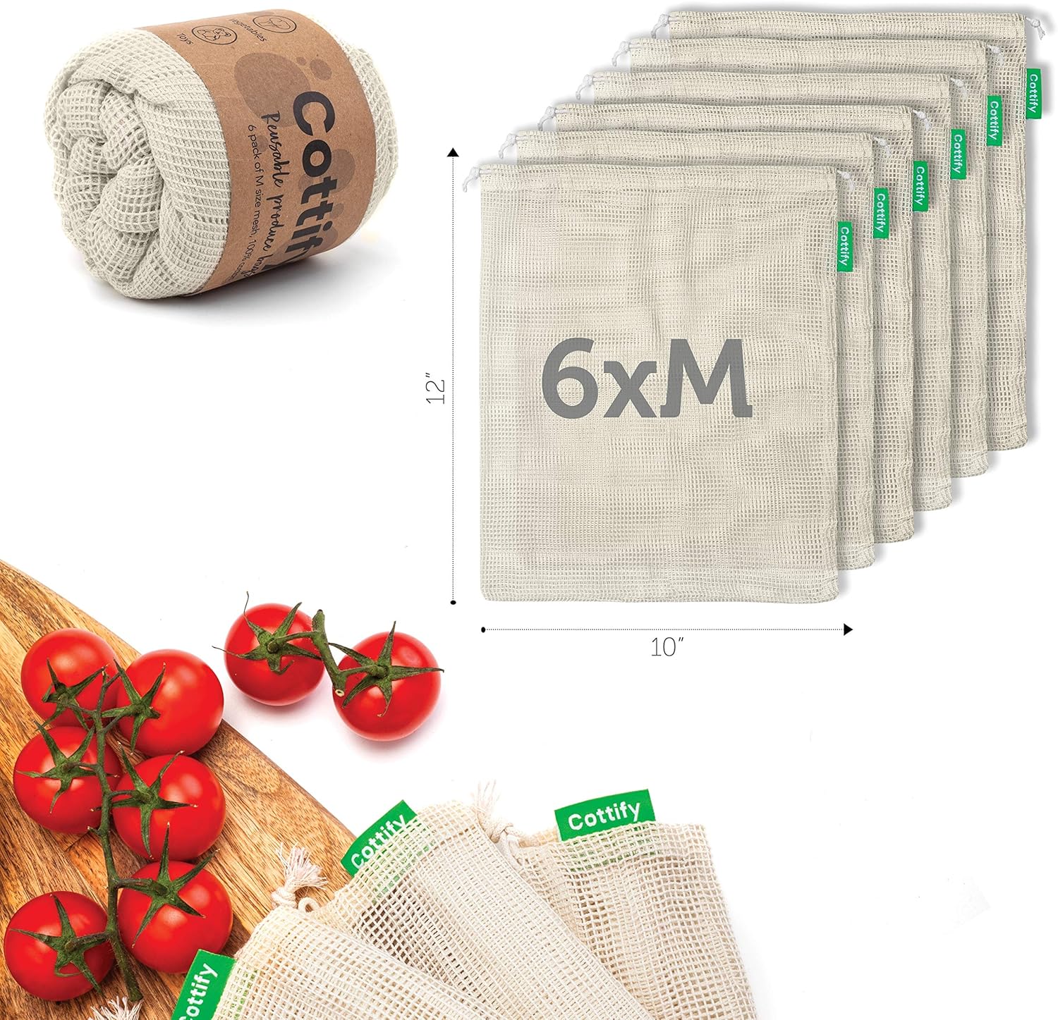 6 Reusable Produce Bags Grocery Washable | Organic Cotton Mesh Produce Bags | Double-Stitched & Tare Weigh | Mesh bags for vegetables | Cotton Produce Bags Reusable Washable | Produce bag (M size) - Image 2