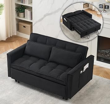 Wakefit 3 in 1 Convertible Sleeper Sofa Bed, Futon Couches for Living Room with Side Pocket | Adjustable Backrest| Corduroy Fabric | Pull Out Couch | Recliner Loveseat | Sectional Sofa, Black