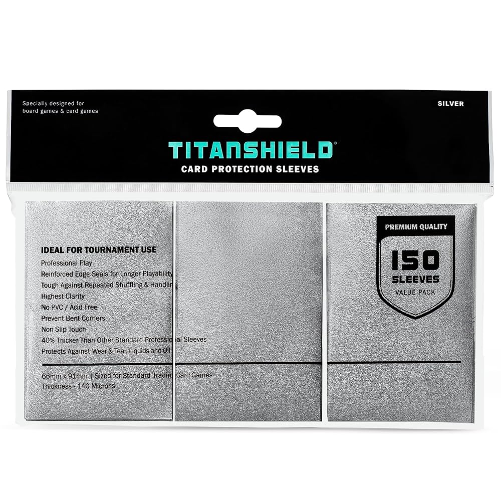 TitanShield Premium Card Sleeves | Compatible with Pokemon, One Piece, Lorcana, Flesh & Blood, & Magic The Gathering MTG | (150 Sleeves - Standard) (1, Silver, Standard | 66x91mm)