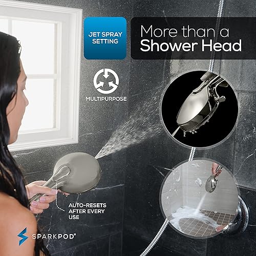 Miniatura 4 de SparkPod Cabezal de ducha de mano de níquel cepillado de 5 pulgadas, 9 ajustes de pulverización con interruptor de encendidoapagado, modo de lluvia