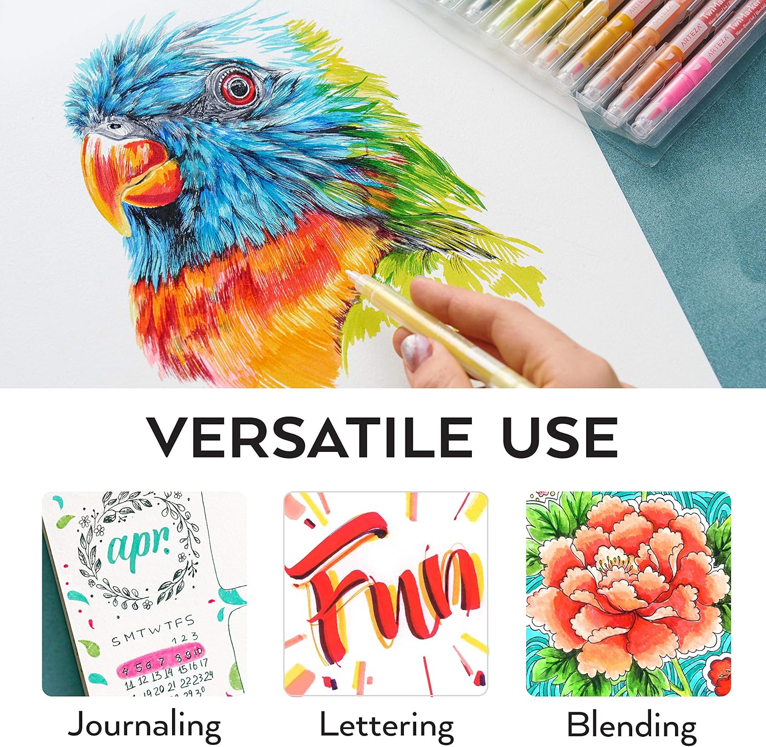 ARTEZA Dual Tip Brush Markers – Set of 48 Pens with Fine and Brush Tips, Water-Based Ink for Coloring, Sketching, Lettering & Journaling - Image 4