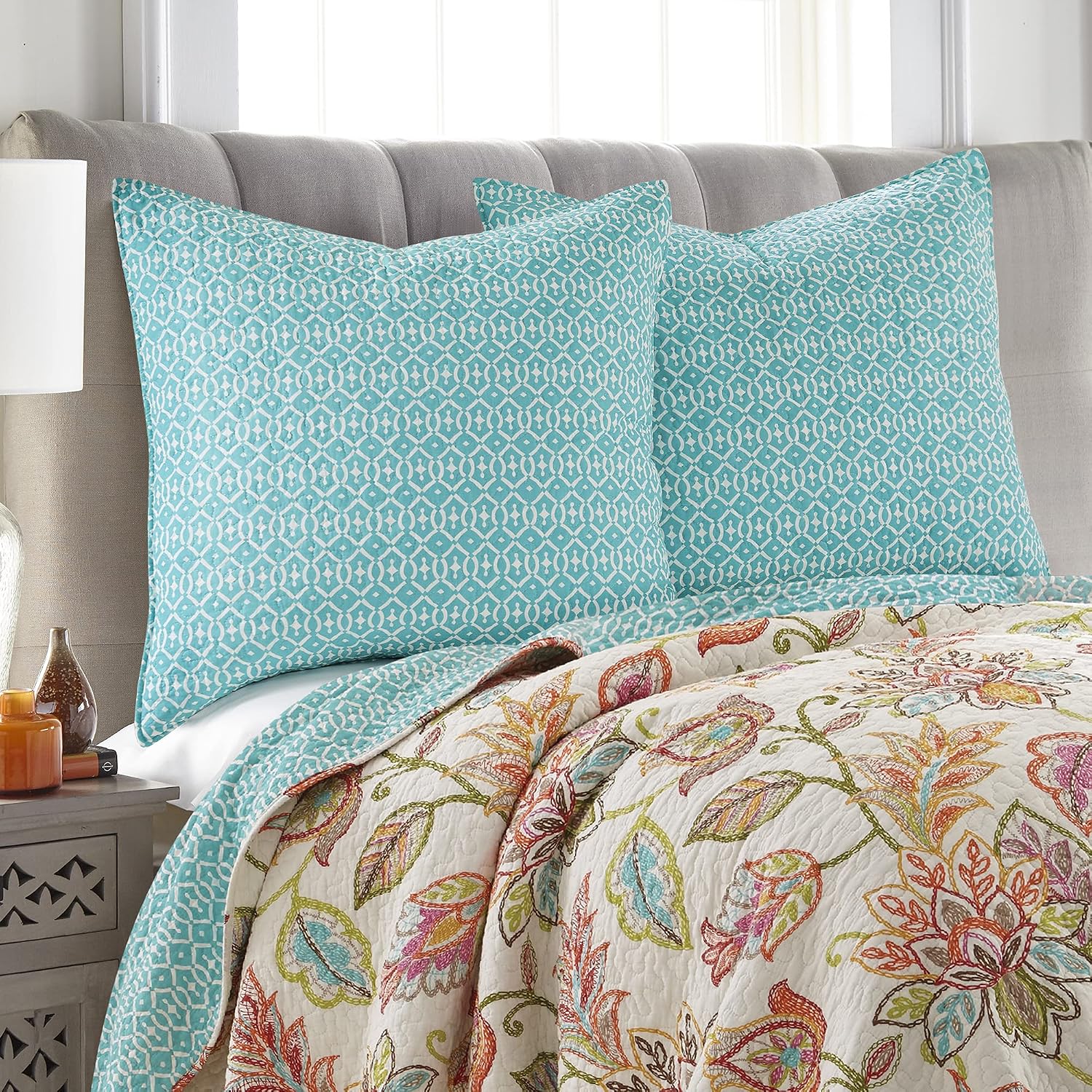 Levtex Home Sophia Neutral Euro Shams Set of 2, Cotton, Teal, Geometric