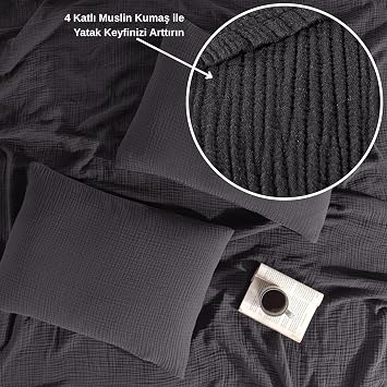 Müslin Yatak Örtüsü Seti Tek Kişilik, Şık Düz Renk 100% Pamuk 4 Kat Muslin Yastık Kılıflı Pike Takımı, Denizli Üretimi (Antrasit, Tek Kişilik Set (180x230 cm))