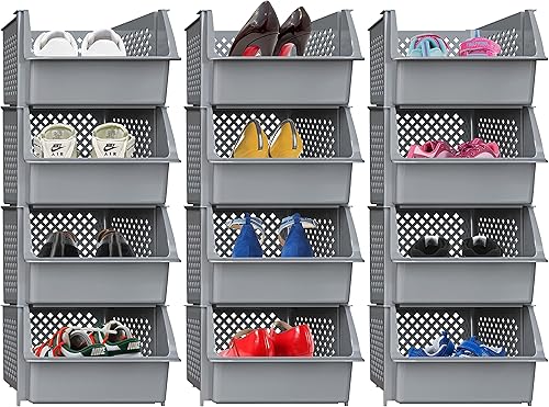 Skywin Contenedores de almacenamiento apilables de plástico para despensa, paquete de 12 cubos apilables grises para organizar alimentos, cocina y