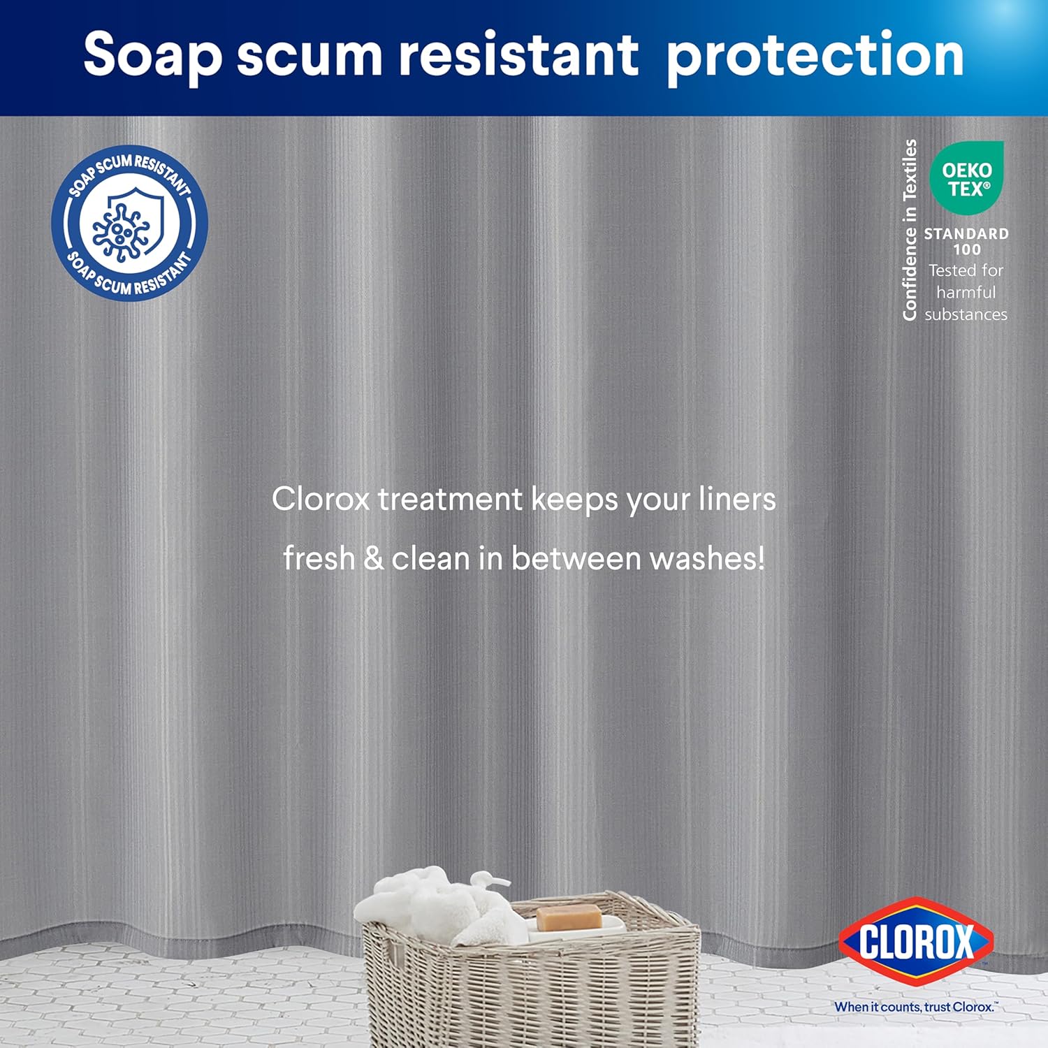CLOROX Bathroom Shower Curtain with Waterproof Lightweight PEVA Liner Set, Standard Size for Bathroom, with Weighted Magnets and 12 Metal Hooks - 70" x 72" Grey
