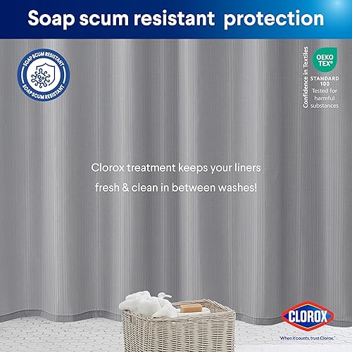 Miniatura 7 de CLOROX Cortina de ducha de baño con forro de PEVA impermeable y ligero, tamaño estándar para baño, con imanes ponderados y 12 ganchos de metal, 70 x