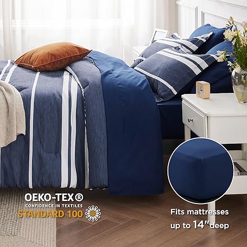 Miniatura 5 de Bedsure Sheets Queen Size Bed Set 7 Pieces, Navy & White Striped Bedding Sets All Season Bed in a Bag, 1 Comforter, 1 Flat Sheet, 1 Fitted Sheet, 2