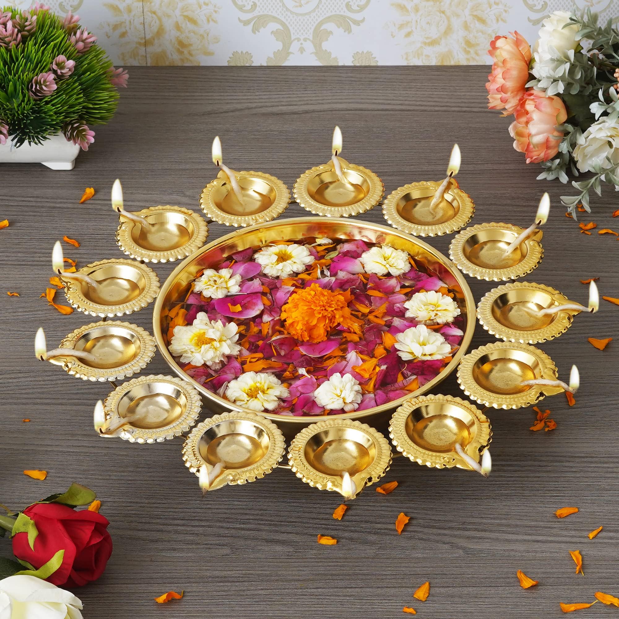 Webelkart Diya Shape Flower Decorative Urli Bowl for Home Handcrafted Bowl for Floating Flowers and Tea Light Candles,Office and Table Decor| Diwali Decoration Items (14 Inches), Gold