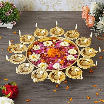 Webelkart Diya Shape Flower Decorative Urli Bowl for Home Handcrafted Bowl for Floating Flowers and Tea Light Candles,Office and Table Decor| Diwali Decoration Items (14 Inches), Gold - image, photos