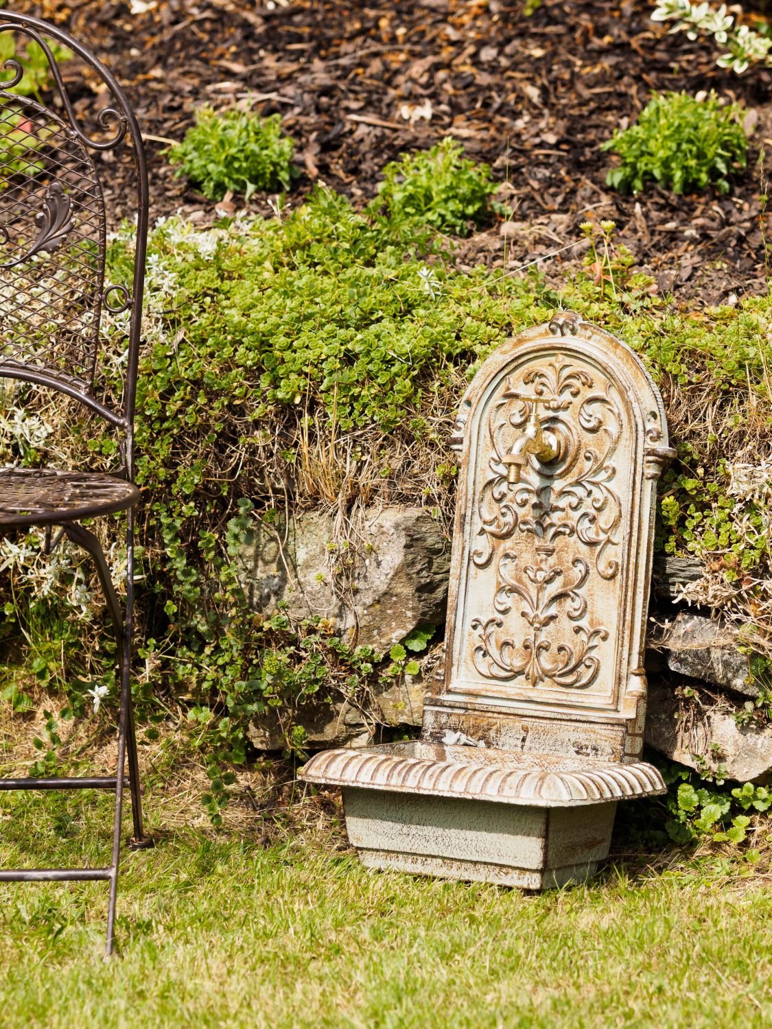 aubaho Brunnen 66cm Waschbecken Brunnen Eisen grün Wandbrunnen antik Stil Gartenbrunnen