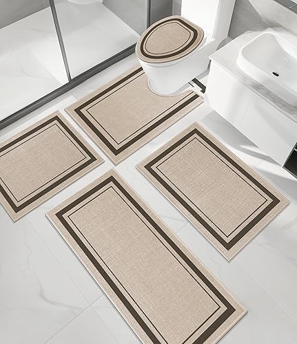 Miniatura 53 de chakme Juego de 2 alfombras de baño ultrafinas, absorbentes, antideslizantes, lavables a máquina, color beige oscuro, 17 x 24 pulgadas + tapete para