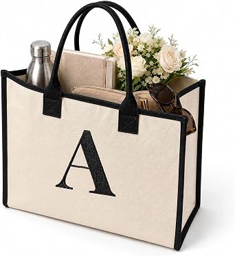 Salt Earth Canvas Tote Bag for Women, Personalized Initial Monogram Tote, Beach Grocery Utility Tote for Travel & Work