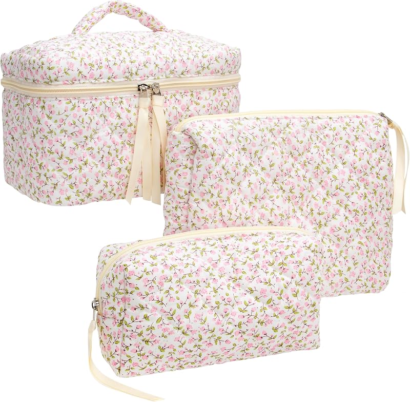 Conjunto com 3 necessaires de maquiagem acolchoadas PAZIMIIK Floral Pink