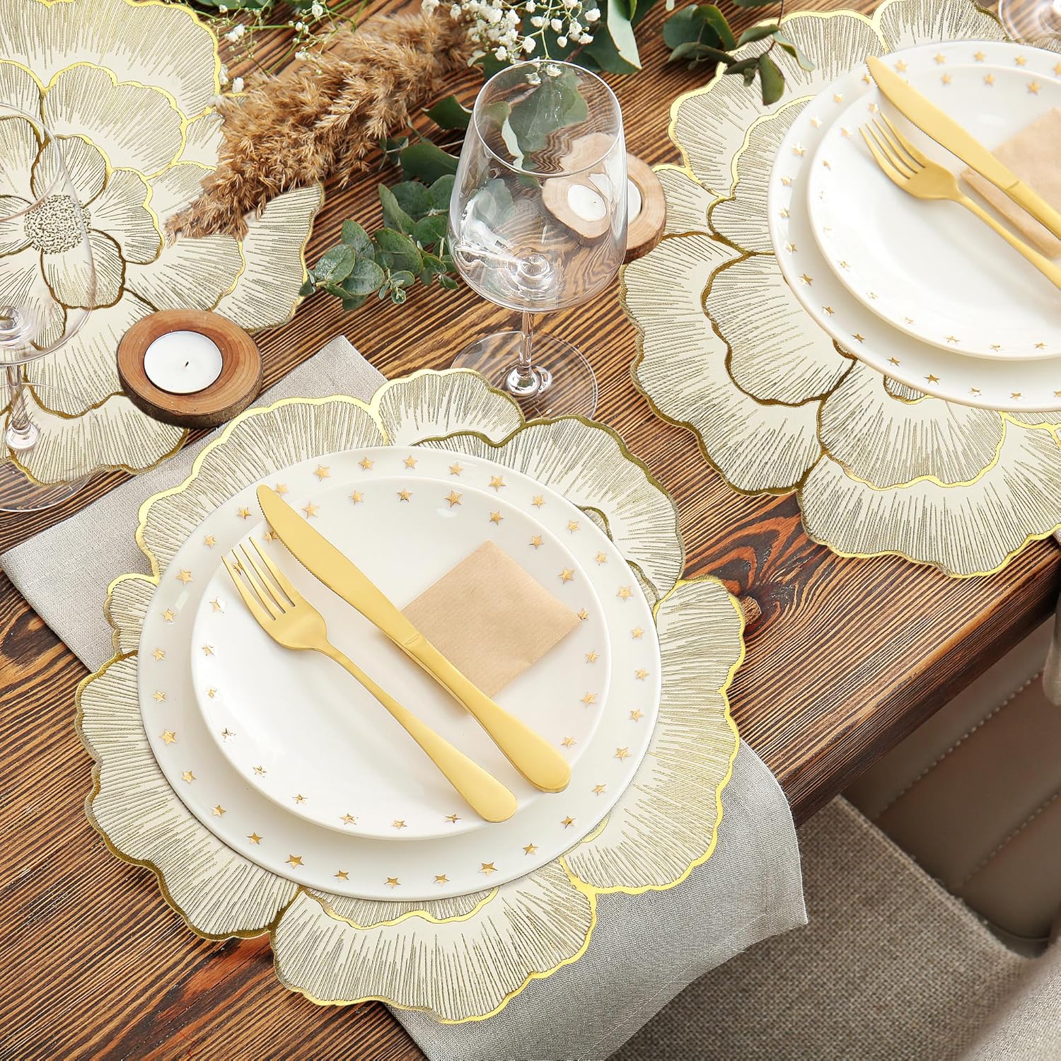 fanquare Round Floral Placemats Set of 6 Gold Rose-Shaped Placemats 15" Metallic Place Mats Waterproof Non-Slip Kitchen Table Mats for Home Dining Wedding Party