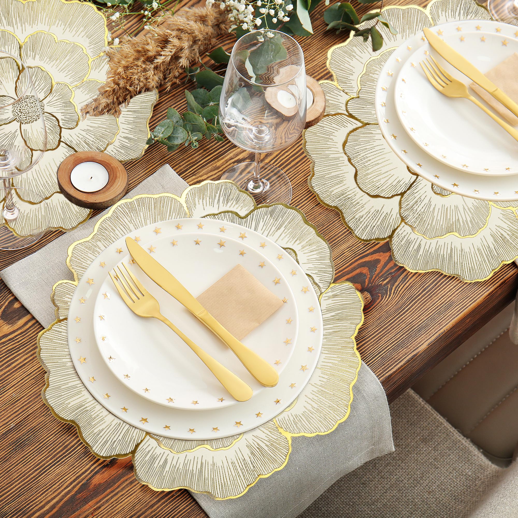 6 Goldene Tischsets Rund – Hitzebeständig & Abwaschbar – Mit Zartem Blumenmuster – Ideal Für Party, Hochzeit, Restaurant Oder Zuhause