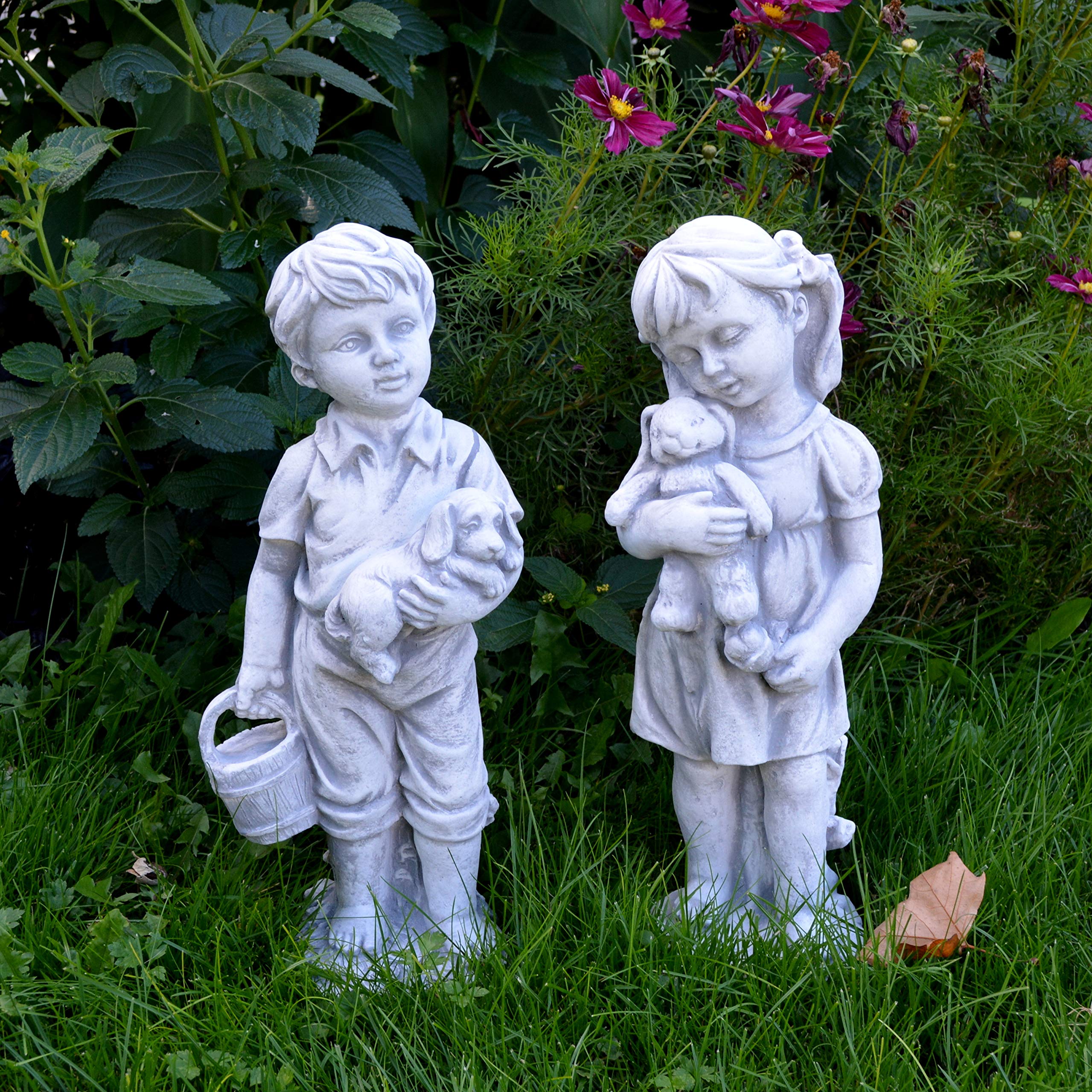 gartendekoparadies.de Set Ragazzo e Bambina Figura Pietra H 42/43 cm 12 kg Grigio Resistente al Ghiaccio per Esterni