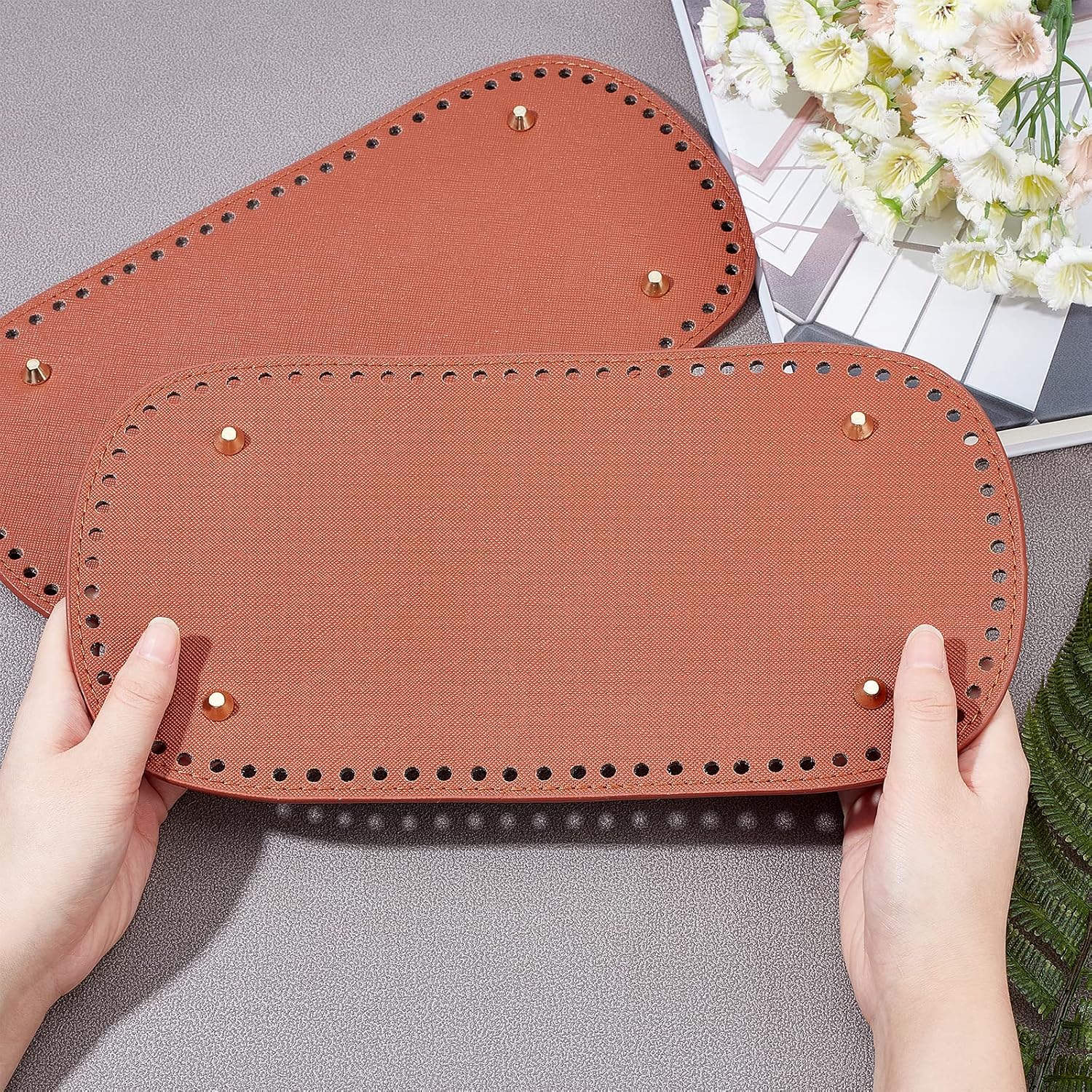PH PandaHall 2pcs Crochet Bag Bottom 11.8x5.9" Oval Purse Bottom PU Leather Bottom Shaper Pad Bags Cushion Base with Holes for Leather Purse Handbags Shoulder Tote Bags Knitting Crocheting, 4mm Hole