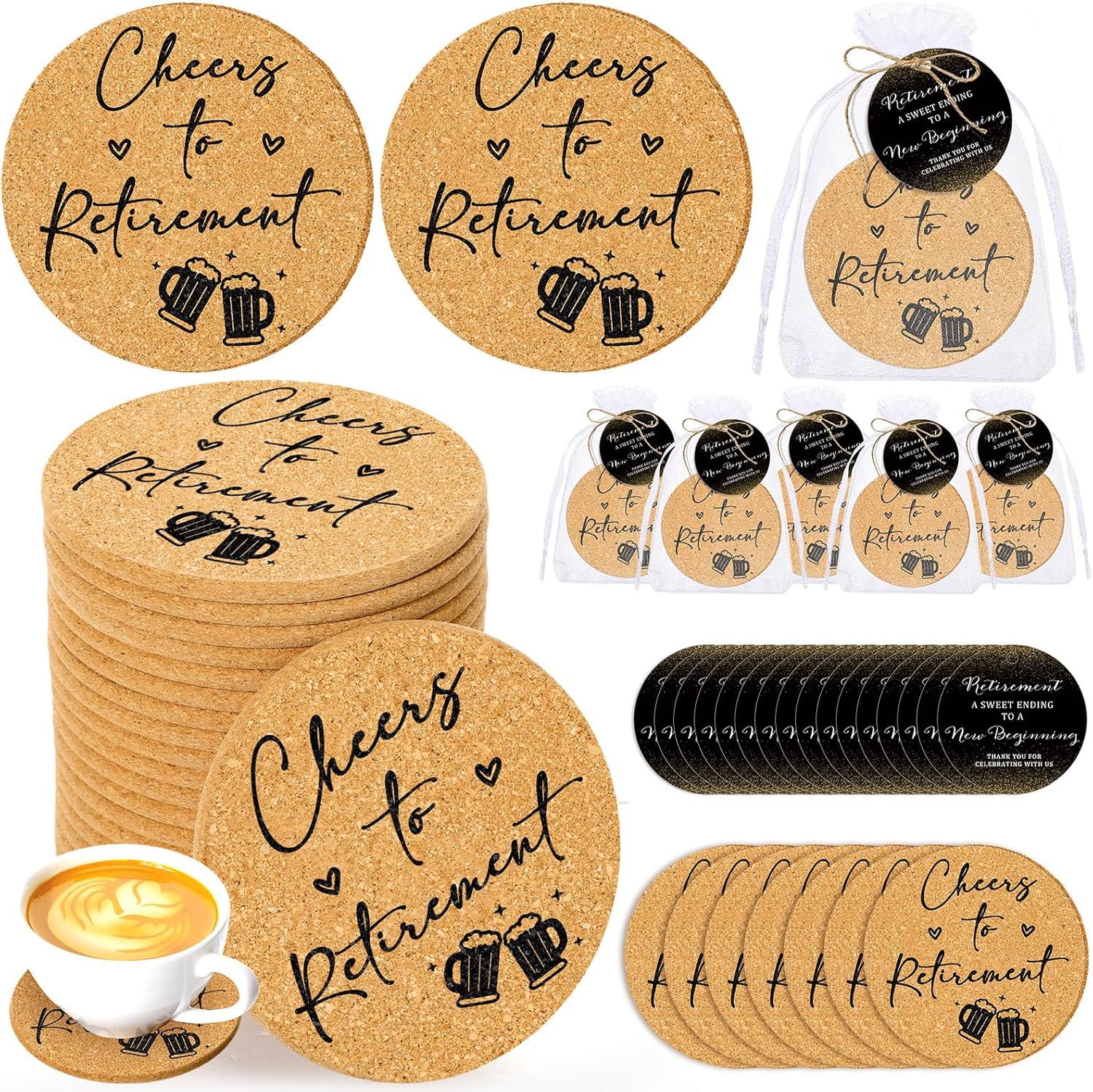 Hushee 25 Sets Retirement Party Favors for Guest Cheers to Retirement Coasters Round Retired Coasters with Thank You Gift Cards Organza Bags Twine for Employee Coworker Souvenirs Gifts