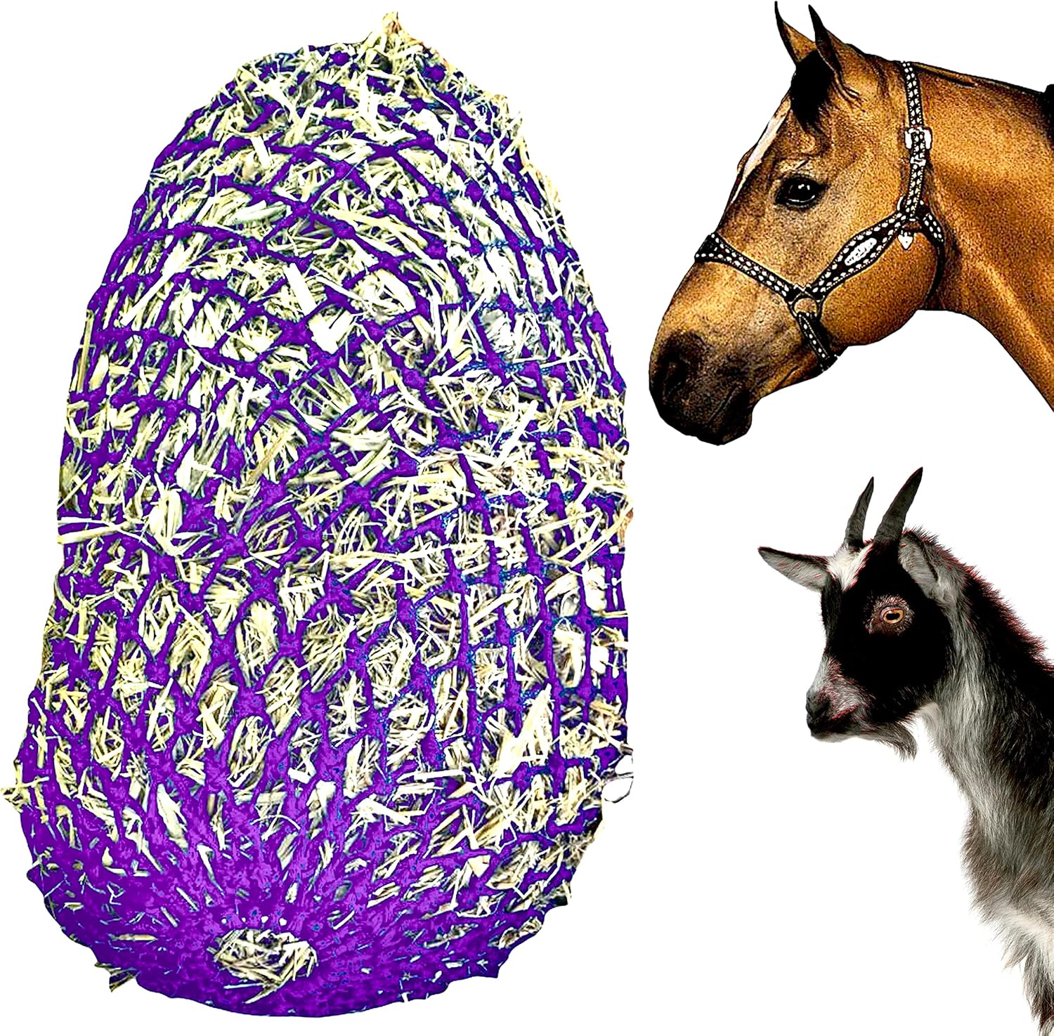 Majestic Ally 2”x2” Holes Slow Feed 40” Very Sturdy Hay Net with Bottom Ring for Desirous Horses, Nylon Rope Hanging, Adjustable Travel Feeder for Trailer, Stall, and Portable Wear. (Purple)