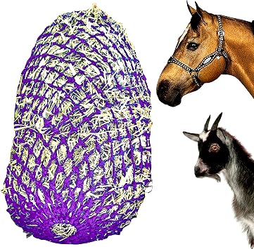 Majestic Ally 1.25x1.25 Holes Ultra Slow Feed 40 Very Sturdy Hay Net with Bottom Ring for Goat, Sheep, Simulate Grazing and Reduces Waste Purple