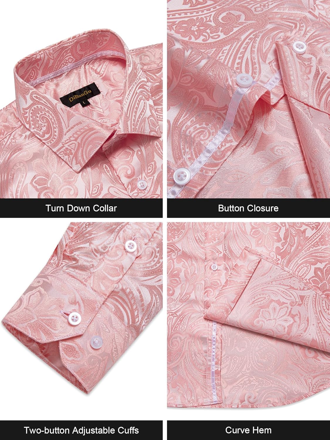 DiBanGu Paisley Mens Dress Shirts Long Sleeve Button Down Casual Silk Shirt for Men Wedding Party S-3XL