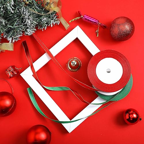Miniatura 3 de Cinta de satén de Navidad de 50 yardas, cinta de satén de doble cara decorativa roja y verde con bordes dorados, cintas de satén de doble cara para