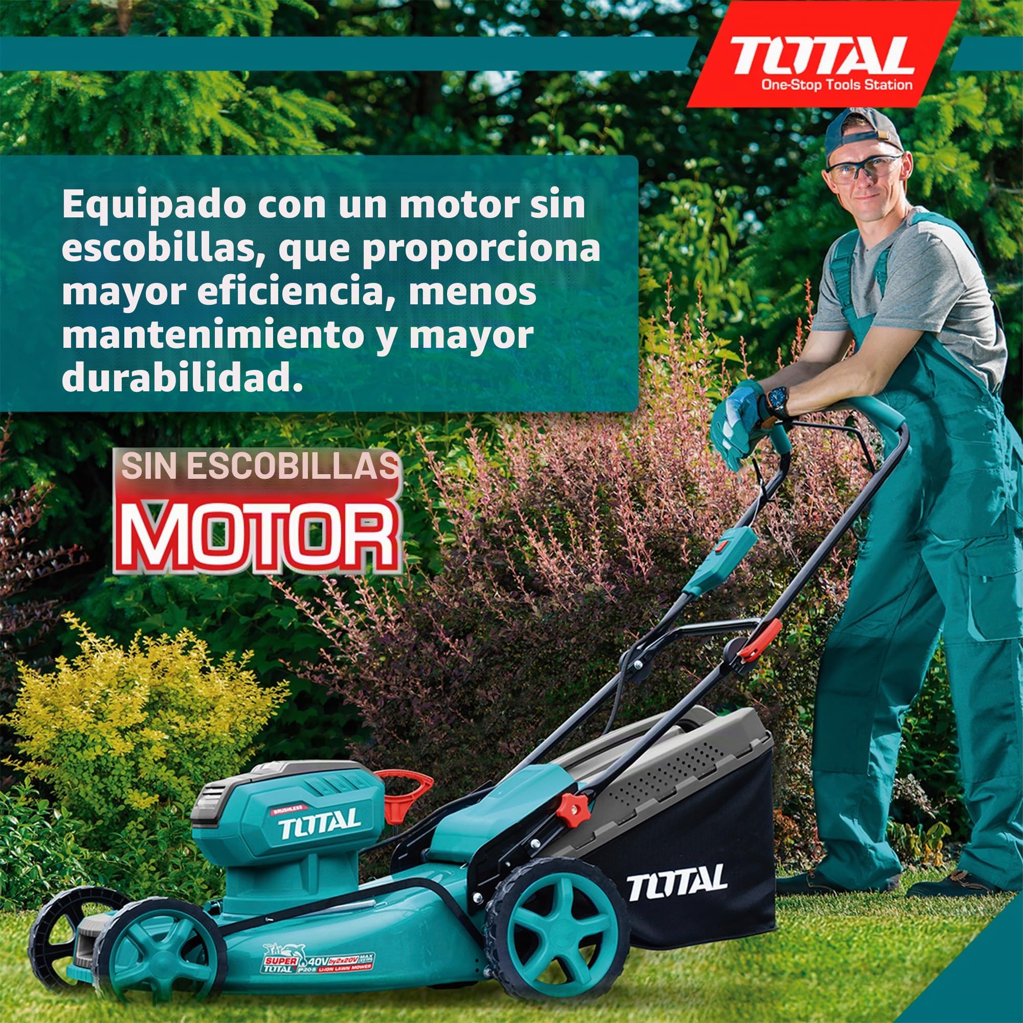 TOTAL - Cortacésped Brushless A Batería | Batería de 40V de Larga Duración | Incluye 2 Baterías y Cargador Rápido Doble | Fácil de Montar |con Ajuste de Altura | Cómodo de Manejar