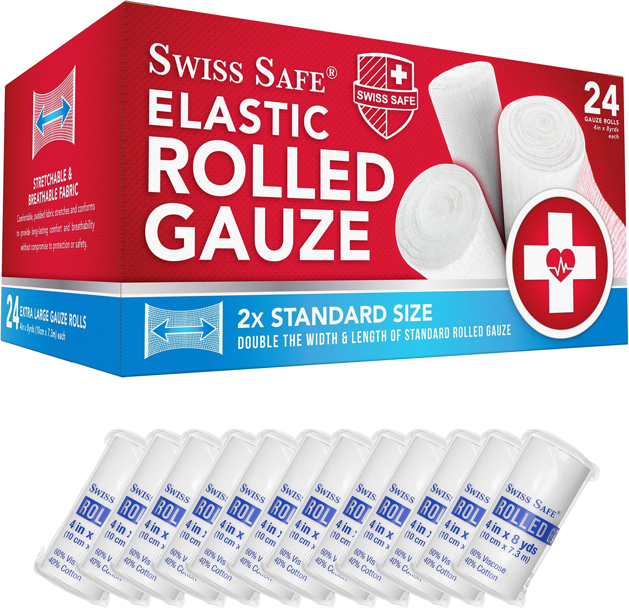 Swiss Safe Long Elastic Stretch Gauze Rolls, 4 Inch x 8 Yards, (24 Pack)