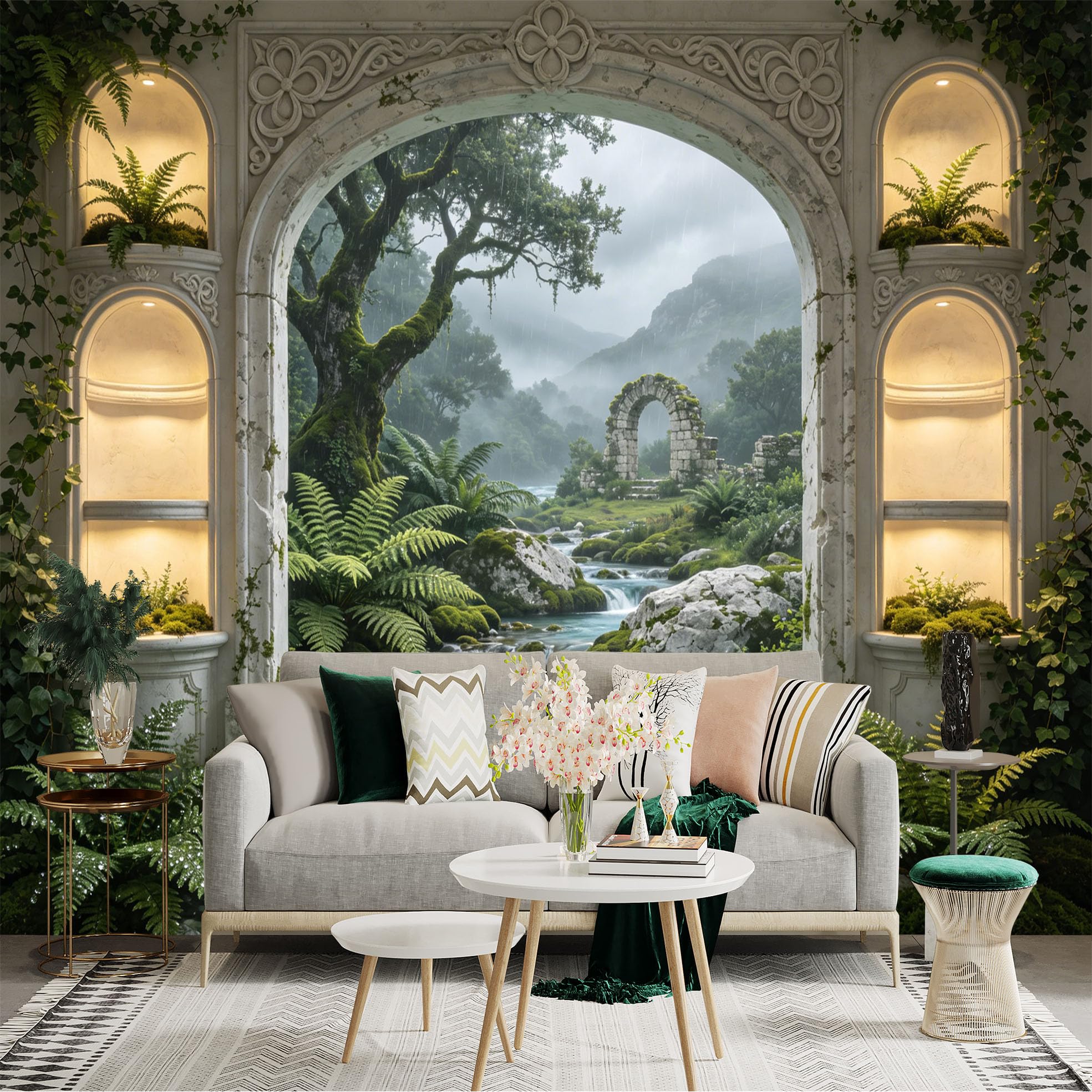 Custom Size Wall Sticker Mural， Fantasy Garden with Waterfall， Stone Arch and Lush Greenery， for wall Decoration， peelandstick wall Decals.