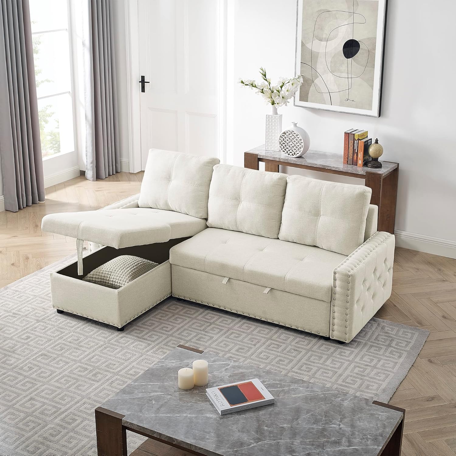 GLANZEND L Shaped Linen Sectional Reversible Sleeper, Pull Out Sofa Bed 3 Seater