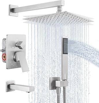 KES Shower System Pressure Balancing Shower Valve with Tub Faucet Spout Set Handheld and 10 Inch Rainfall Shower Head Combo All Metal Brushed Finish, XB6300-BN