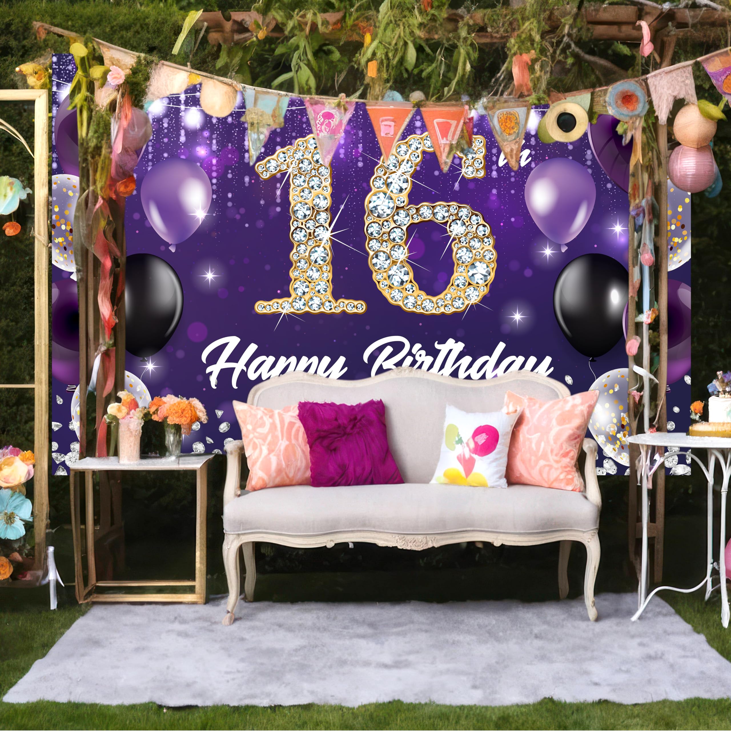 LASKYER Happy 16th Birthday Purple Backdrop Banner - 78x47 Inch, 600D Polyester, For Wall, Door, Party Decor