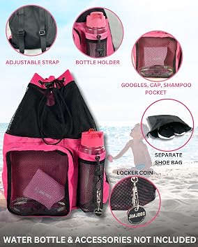 JIMJOOS Drawstring Mesh Swimming Bag - 25L Waterproof Swim Bag with Wet/Dry Compartment, Multifunctional Sports Backpack for Kids, Adults, Swimming, Surfing, Beach, Gym