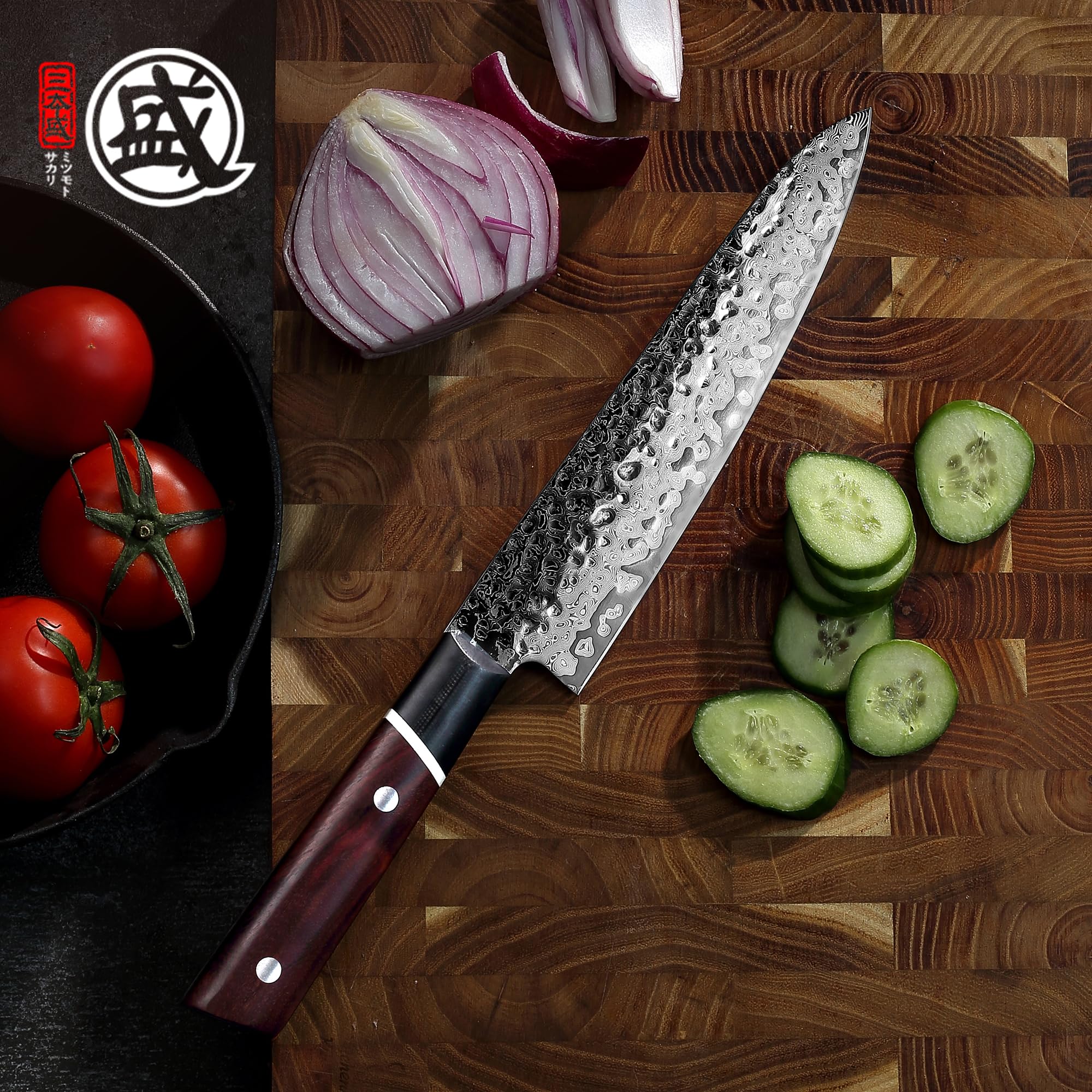 MITSUMOTO SAKARI Coltello da Cucina Gyuto 20 cm S440C in Polvere | Acciaio Damasco a 73 Strati, Coltello da Cucina Giapponese Forgiato a Mano, Manico G10 in Legno di Sangue