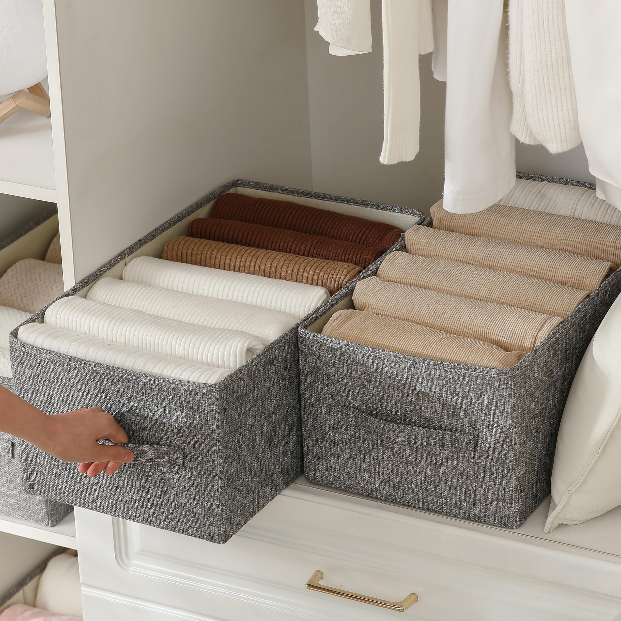 Faltbare Aufbewahrungskörbe aus Leinen, Stoff-Aufbewahrungskörbe, waschbar, Kleider-Organizer mit Griff, Pullover-Organizer für Schrank (dunkelgrau, 47,7 x 28,9 x 21,5 cm)