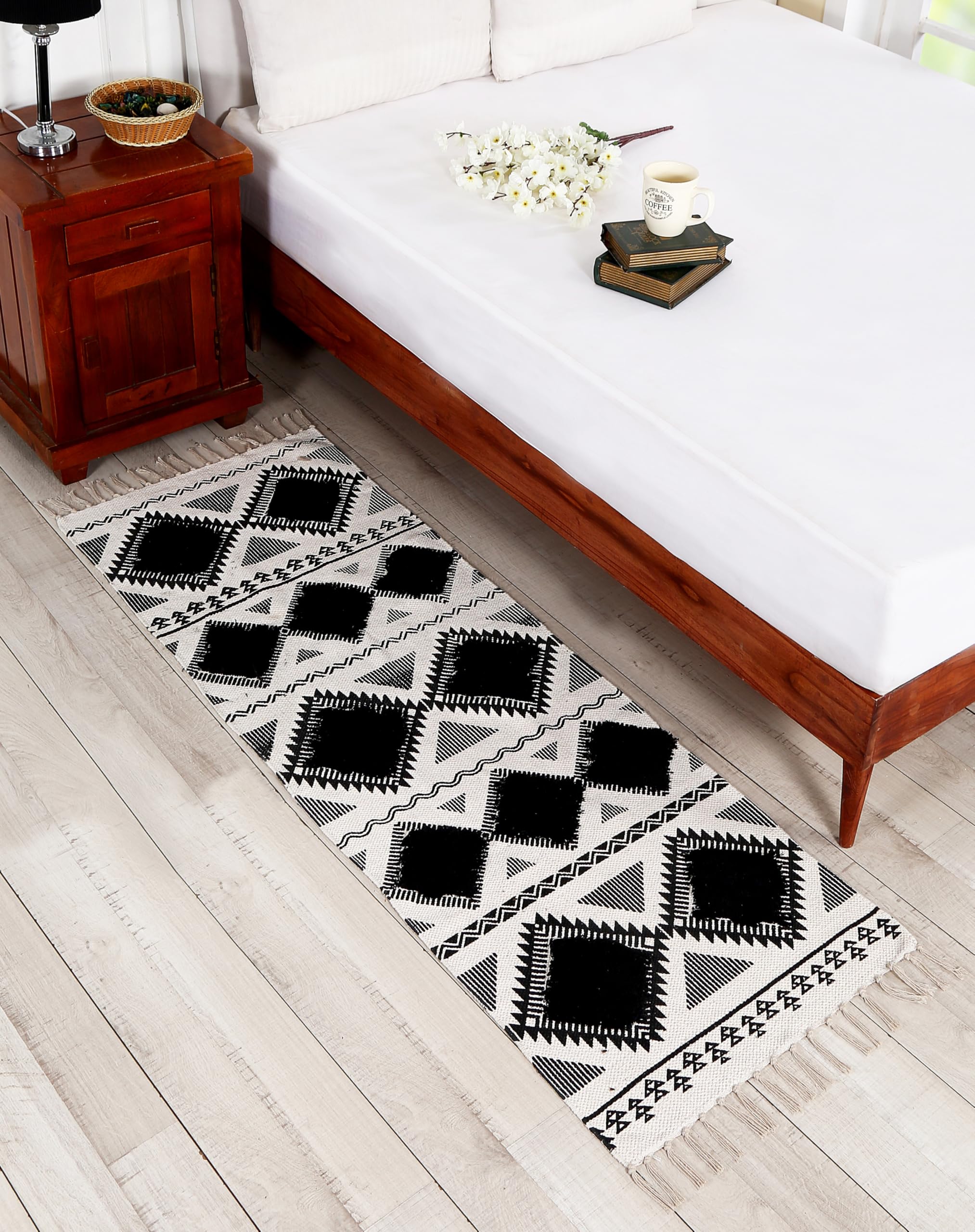 ALSTONIA Hand Woven Tufted 100% Natural Cotton Export Quality Designer Rug,Carpet, Bed Side Runner with Tassels for Bedroom,Living Room, Size-2x5 feet or 60 cms x 152 cms, (Dark Black & White) (B0DC131KD4) Amazon Price History, Amazon Price Tracker