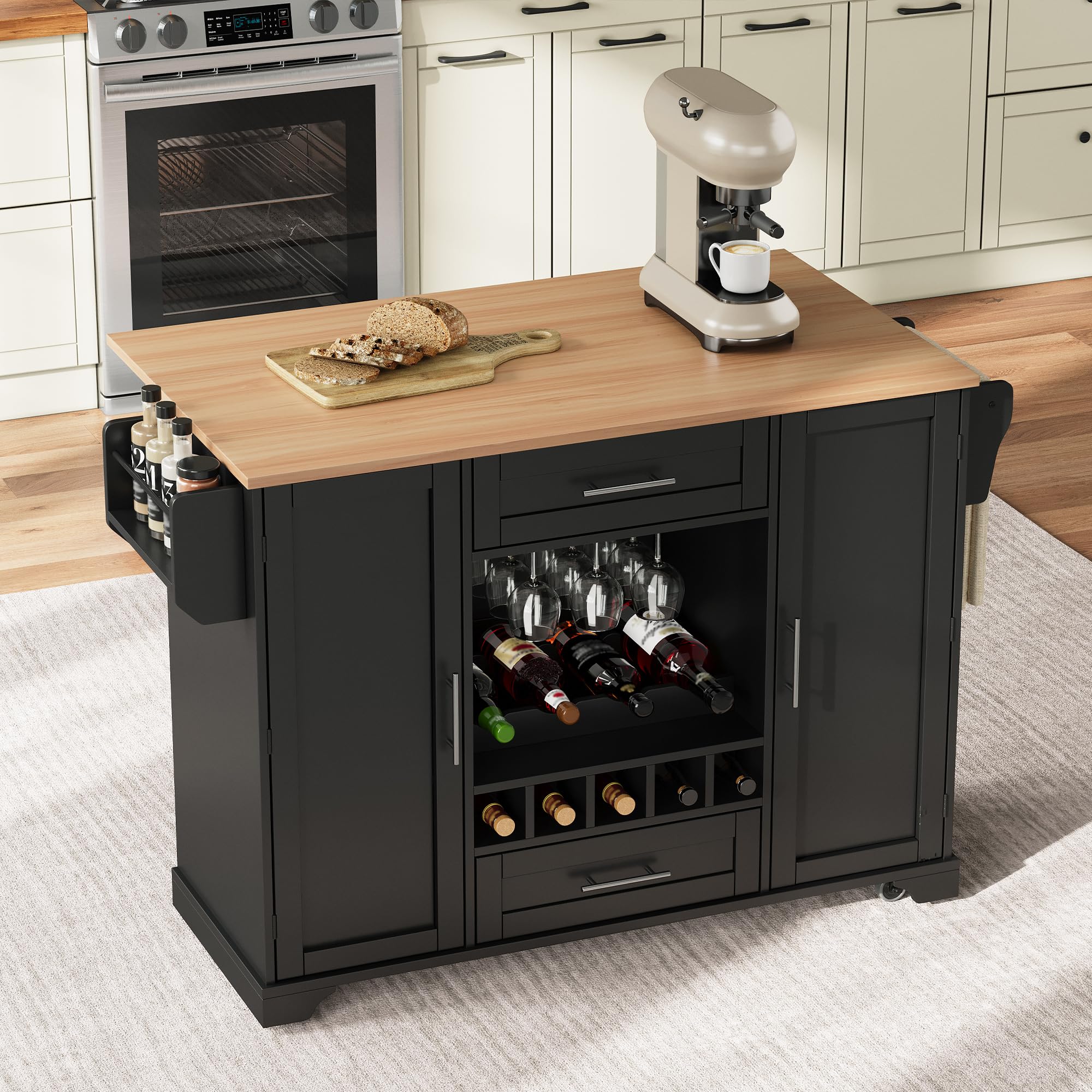 Shye Carrello da cucina su ruote con piano di lavoro pieghevole, scaffale per vino, porta bicchieri, portaspezie e portasciugamani, 120 x 45/70 x 92 cm, nero e naturale, carrello da portata