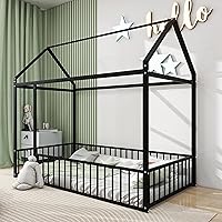 Vista 28 de Cama de plataforma de metal con forma de casa con listones de metal sólido, cama de casa de tamaño individual con diseño de techo, marco de cama