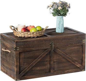 Vintiquewise Brown Large Wooden Lockable Trunk Farmhouse Style Rustic Design Lined Storage Chest with Rope Handles