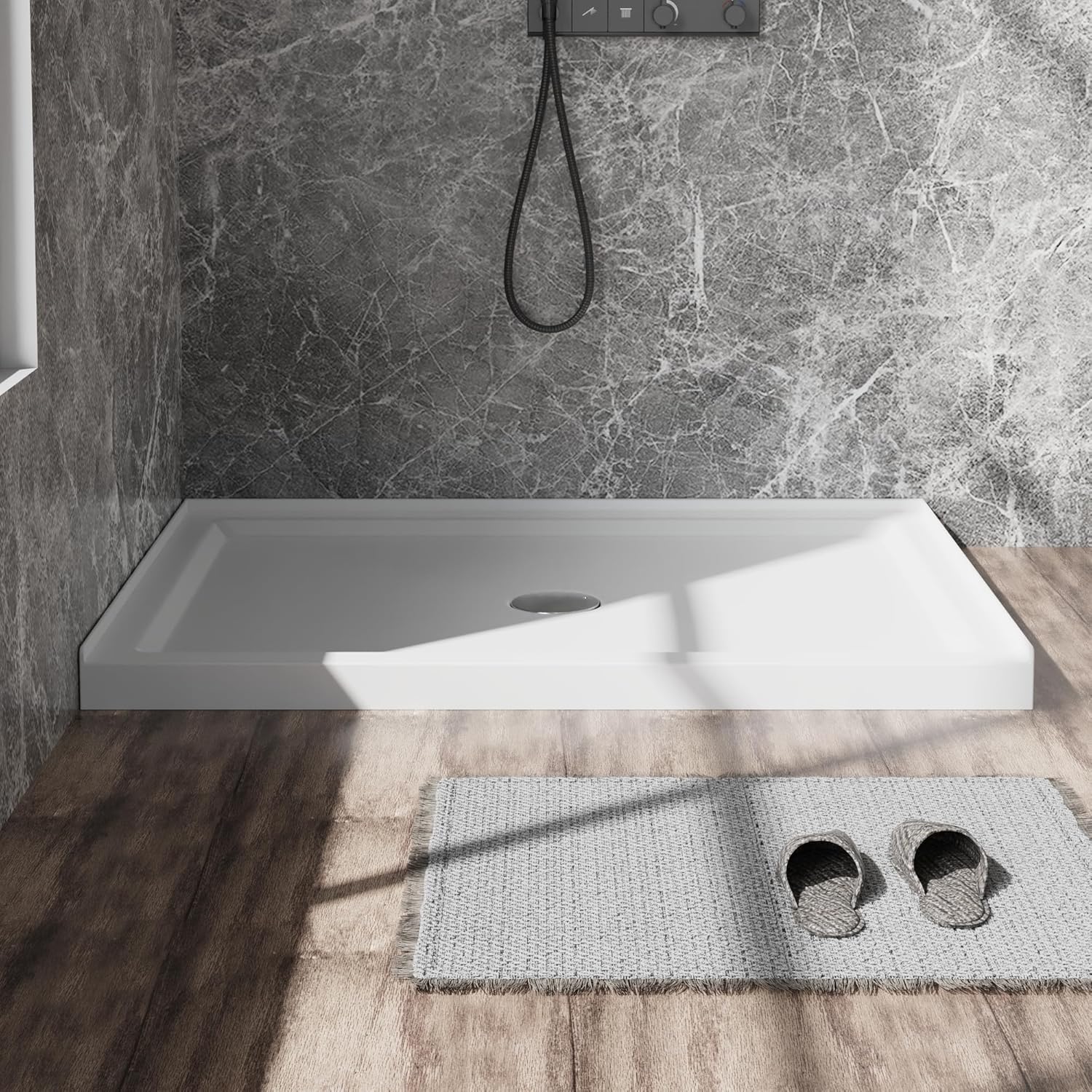 Shower pan,Goodyo 32" x 48" Shower Base 3 Round Rectangular Acrylic Alcove Shower Pan in White, 3 Sides Built in Design, Center Drain