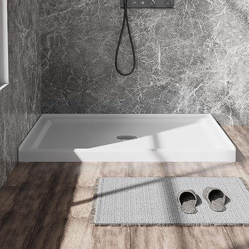 Miniatura 2 de Goodyo Base de ducha de 32 x 48 pulgadas, 3 bandejas redondas rectangulares de acrílico para ducha en color blanco, diseño integrado de 3 lados,