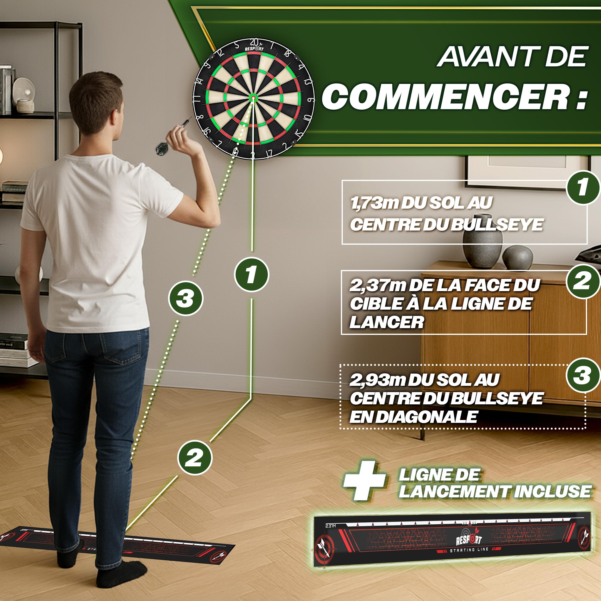 RE:SPORT® Cible de fléchettes en sisal de qualité supérieure XXL avec 9 fléchettes professionnelles + 24 ailettes Pro + accessoires | Cible de fléchettes en acier avec kit de montage | Cible de