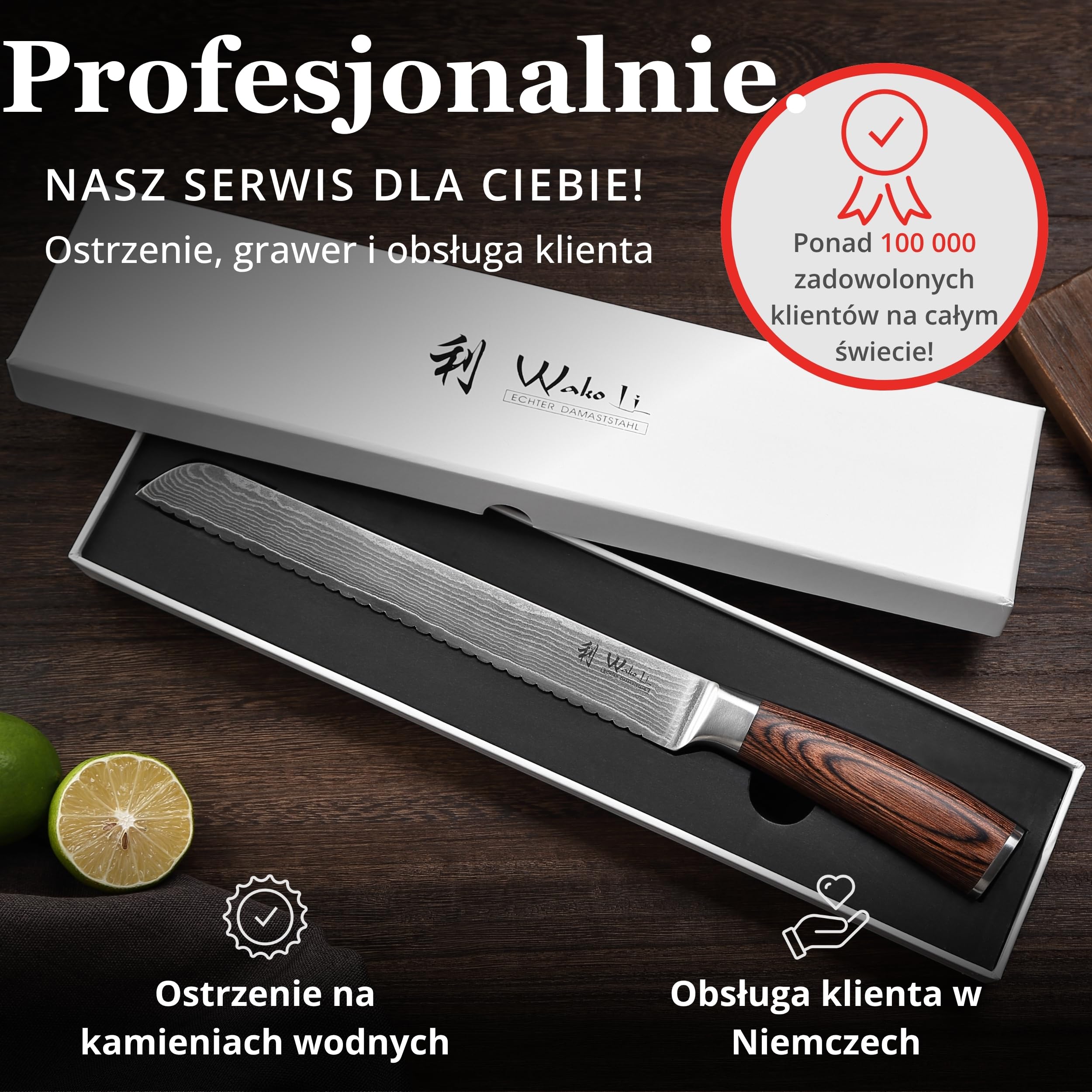 Wakoli EDIB nóż do chleba z ząbkowanym ostrzem ze stali damasceńskiej z rdzeniem VG10, ostrze 23 cm, ergonomiczna rękojeść z drewna Pakka, pudełko prezentowe, do dużych bochenków chleba