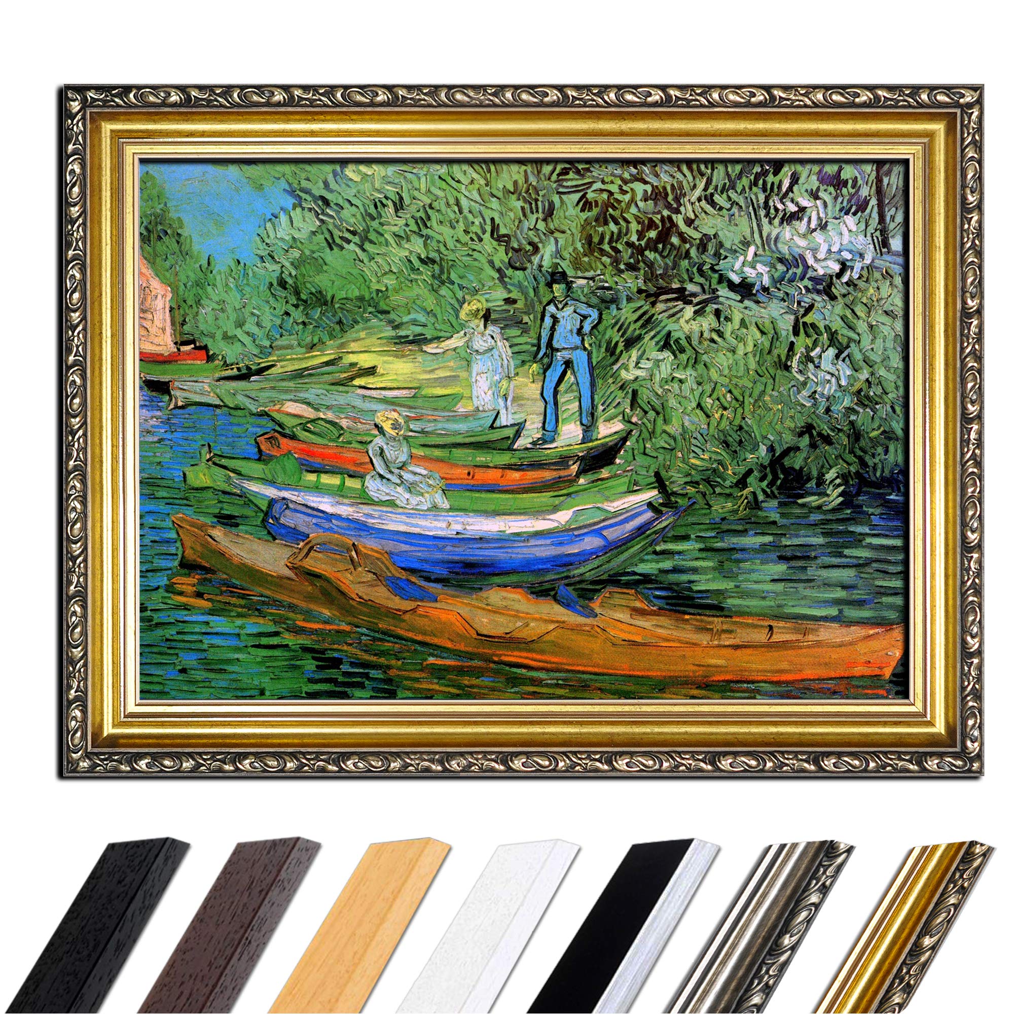 Tableau avec cadre - Vincent van Gogh Bateaux sur les rives de l'Oise - 90 x 70 cm - Toile sur toile encadrée - Vieux maîtres - Cadre antique doré baroque classique
