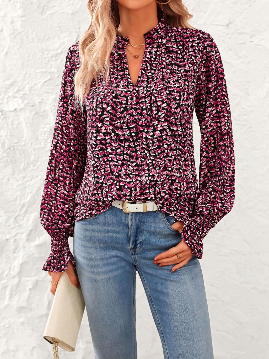 MASCOMODA Womens V Neck Floral Long Sleeve Tops 2026 Summer Casual Loose Puff Sleeve Chiffon Boho Work Blouse Dressy T Shirts - Image 4