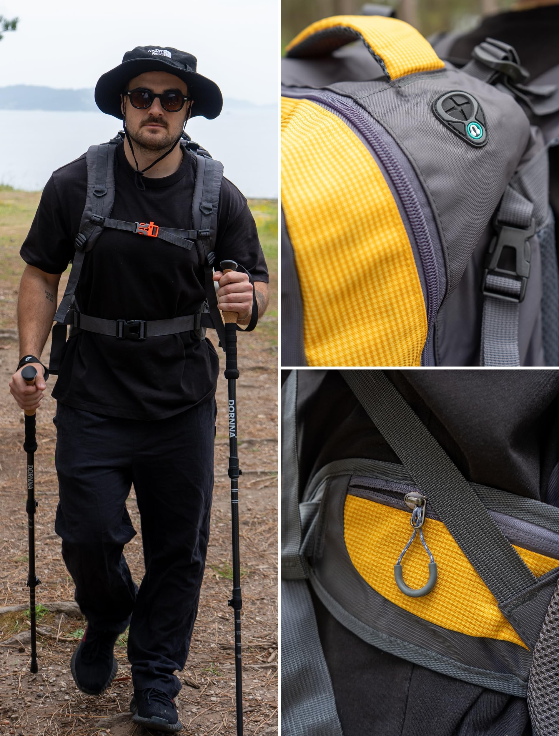 Plecak trekkingowy i turystyczny 60 litrów, wodoodporny plecak górski, Camino de Santiago i kemping z wieloma przegrodami., Żółty, Duży, sportowy