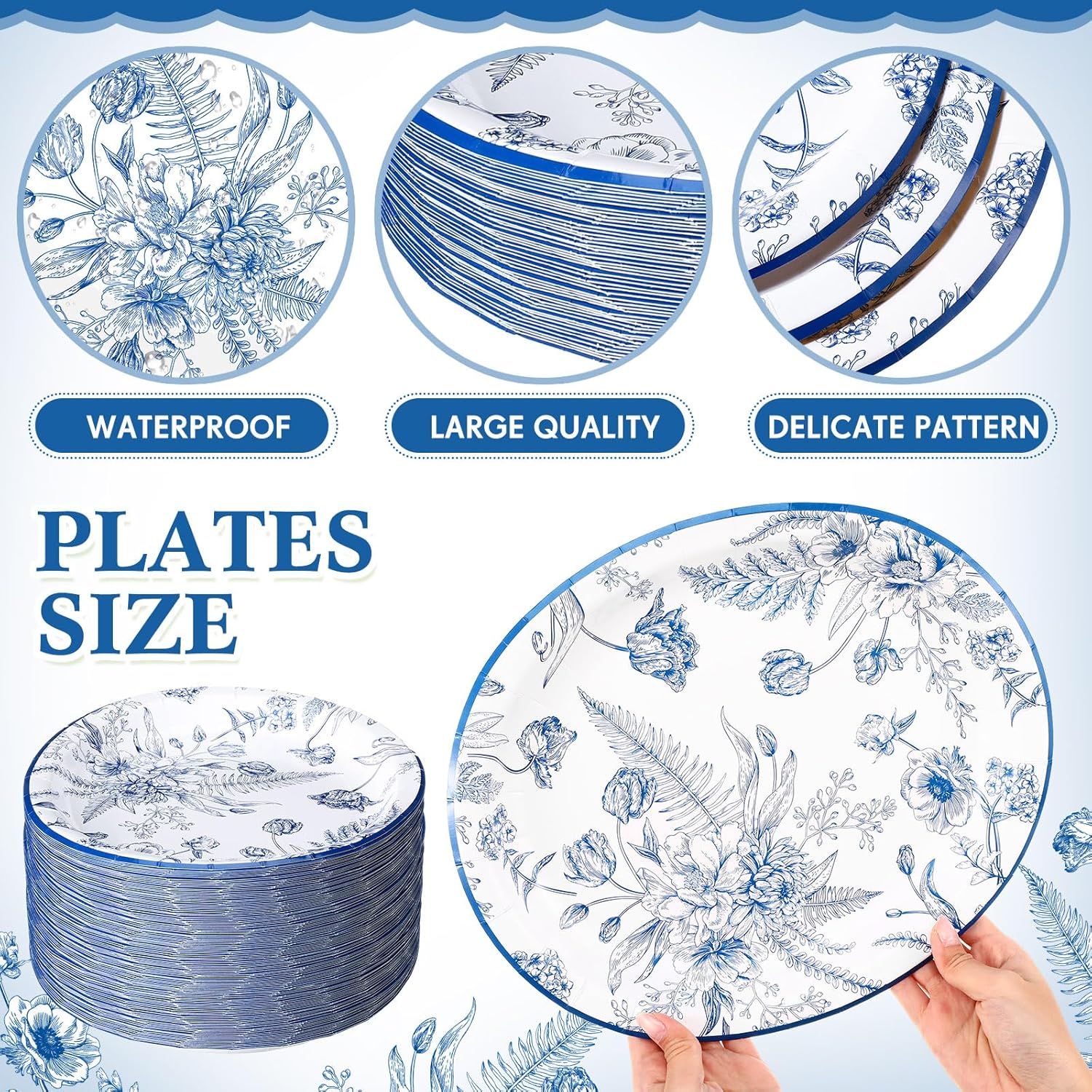 Funnymoom 50 Pcs Blue Floral Oval Paper Plates for Baby Bridal Shower Party Supplies 10" x 12" Floral Disposable Plates Vintage Dinner Serving for Wedding Birthday Bridal Tea Party Supplies