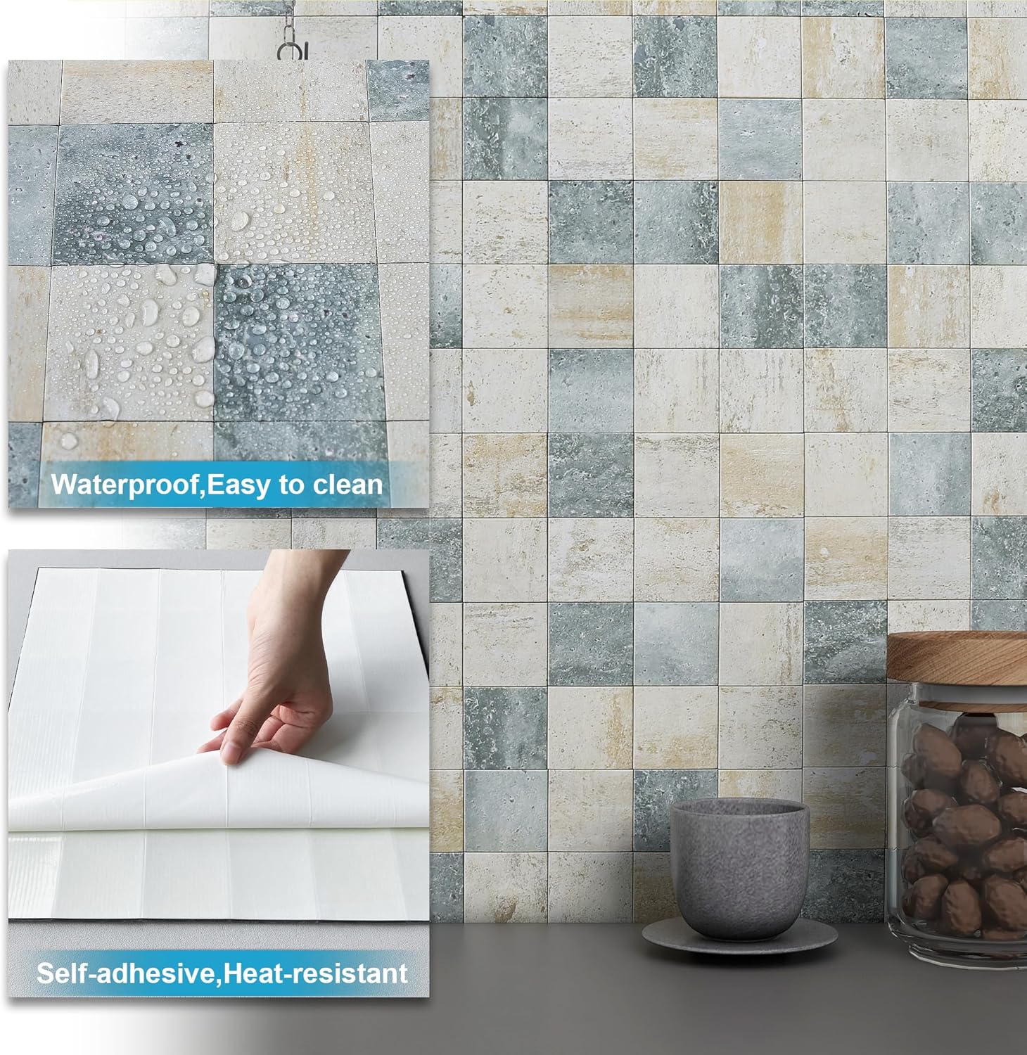BeNice Kitchen Peel and Stick Tile Backsplash Bathroom Self Adhesive Stone Mosaic Thick Wall Stickers 12"x12"(Blue Rustic,10 Sheets)