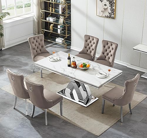 Miniatura 2 de Juego de mesa de comedor moderna de mármol sintético blanco plateado de 68 pulgadas para 6, 7 piezas rectangulares de cocina con base de acero Mesa