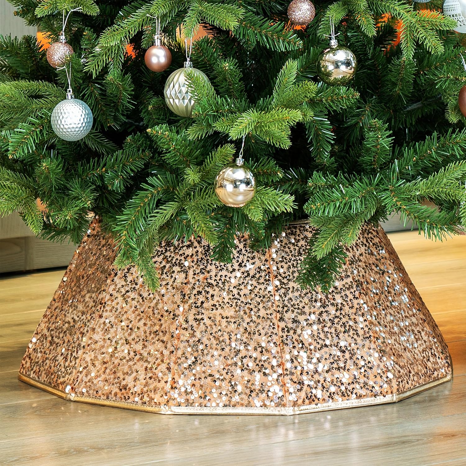 Blissun Sparkling Champagne Gold Christmas Tree Collar – Color Shifts with Light – 25.2″ Bottom / 14.9″ Top Foldable Base Cover